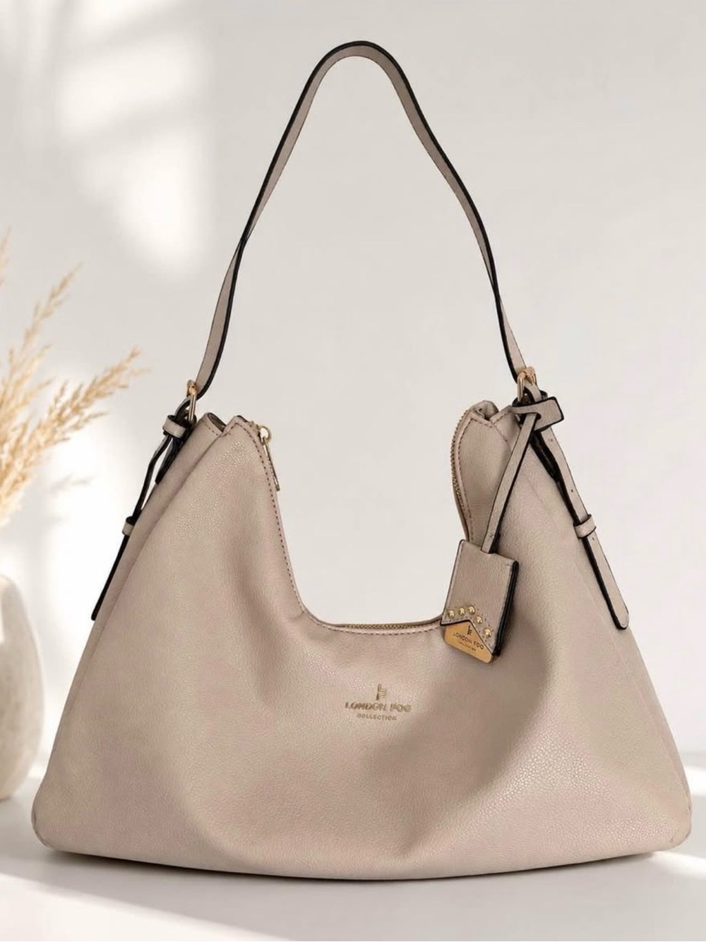 London Fog Taupe Pebbled Shoulder Hobo